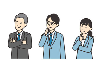 悩むビジネスパーソン3人（男女）のイラスト素材セット