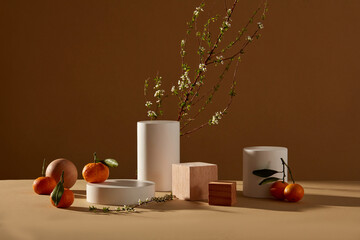 3d display product minimal scene with geometric podium platform, some tangerine around with front...