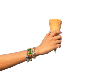hand holding ice cream cone isolated on white