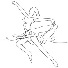A ballerina jumping in a dress to the top in one line on a white background. Conceptual dancing girl. Stock vector illustration with editable stroke.