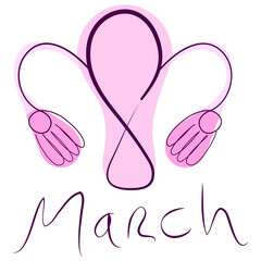 March 8 in the concept of the female uterus in one line with a pink silhouette. Treatment of female gynecological problems on International Women's Day. Stock vector illustration with editable stroke