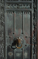 decorative patina metallic door with animal head knocker and leafy borders