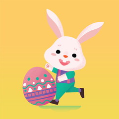 Happy Easter's Day with cute rabbit and easter egg. Bunny rolling colorful easter egg.