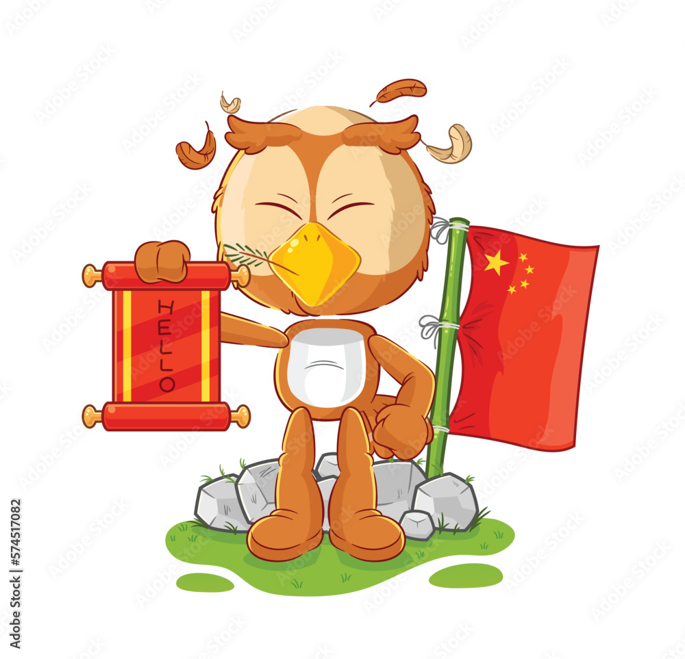 Sticker owl chinese cartoon. cartoon mascot vector