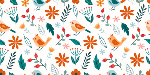Cute seamless pattern with birds and flowers