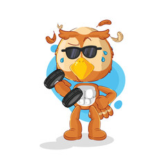 owl lifting dumbbell vector. cartoon character