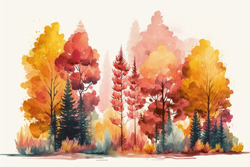 Autumn forest landscape. Colorful watercolor painting of fall season. Red and yellow trees. Beautiful leaves, pine trees. Minimal elegant flat scenery. Artistic natural scenery. Vintage pastel colors