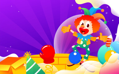 Obraz na płótnie Canvas Clown juggling on stage with stage and trick props in background, vector illustration
