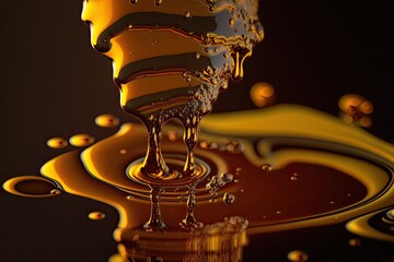 Fototapeta na wymiar Closeup dripping gooey golden honey from a beehive. Honeycomb sliding from a spoon. Sweet treat.