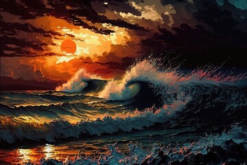 Abstract sunset over crashing waves in the ocean. Sun and moon in the sky over the sea. Colorful beach scene.