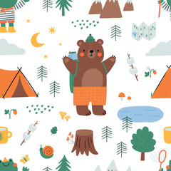 Cute cartoon Summer Camping. Adventure, tourist areas, camp and bear, fox, badger. Colorful vector outdoor seamless pattern in flat cartoon style.