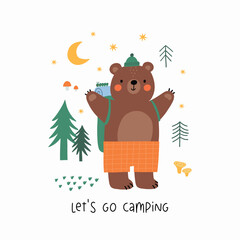 Obraz na płótnie Canvas Cute cartoon Summer Camping. Adventure, tourist areas, camp and Bear. Colorful vector outdoor illustration in flat cartoon style.