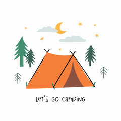 Cute cartoon Summer Camping. Adventure, tourist areas, camp. Colorful vector outdoor illustration in flat cartoon style.