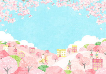 桜が咲く春の街並みと人々のベクターイラスト背景 - obrazy, fototapety, plakaty