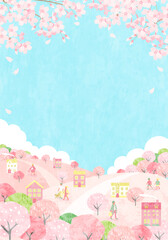 Naklejka na ściany i meble 桜が咲く春の街並みと人々のベクターイラスト背景