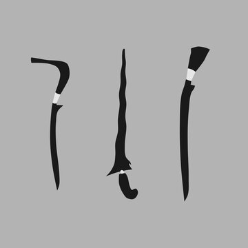 several illustrations of Indonesian traditional weapons with their uniqueness, namely rencong, keris, and badik. vector illustration of gray background, black and white sword