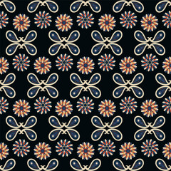 Bandana print, paisley ethnic ornament. Abstract trendy black background. Seamless  pattern, red, blue colors. Hand drawn, vector