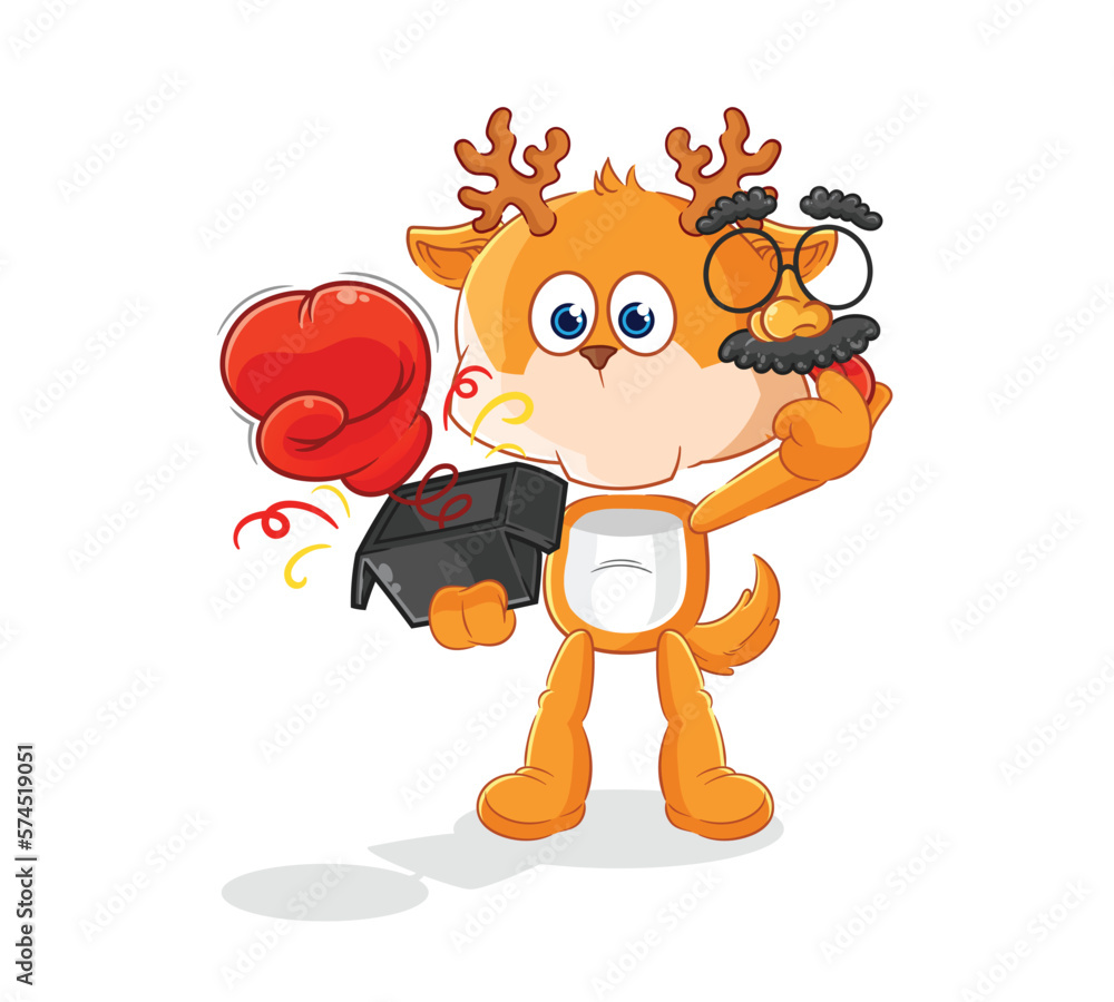 Sticker deer prank glove in the box. cartoon mascot