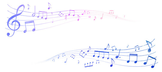 カラフルな遠近感のある楽譜のフレームイラスト　五線譜　背景イラスト　音符、休符、音楽記号のイラスト  © gelatin