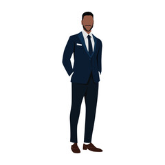 Black business man standing in dark suit with hands in his pockets, isolated vector drawing, flat design icon