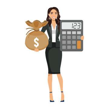 businesswoman holding money bag and calculator clip art preview