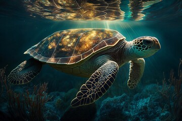 Fototapeta premium Deep Serenity: Watching a Graceful Sea Turtle Glide Through the Water