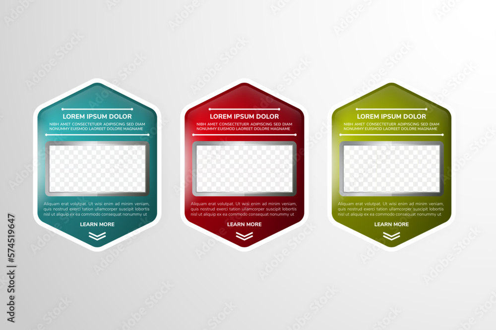 Poster vector dark infographic template made from hexagon with photo placeholders with text content - brigh