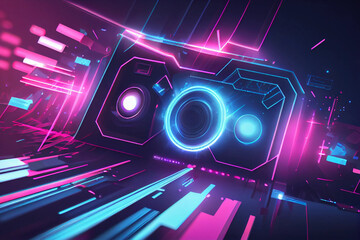 Graphic Design Technology Banner with Abstract Tech and Light Effects on Pink Blue Background, generative ai