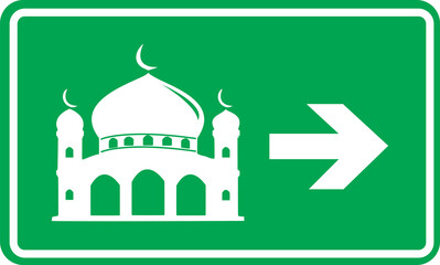 Mosque sign symbol icon with arrow, masjid street sign symbol green design