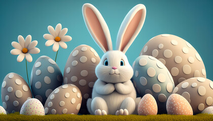 Easter Delight: A Cheerful Bunny Surrounded by Vibrant Eggs to Share the Joy with Loved Ones, ai generated.
