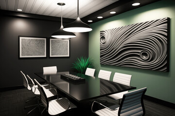 The beautiful, contemporary interior of the office, meeting, or boardroom, with modern artwork on the wall.  Luxurious design with desks, chairs, laptops, lighting, and lots of natural light