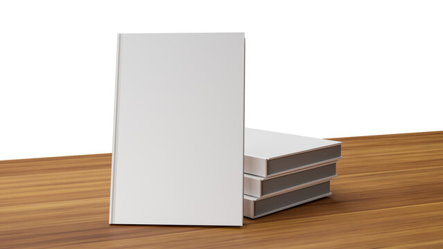 Four Hard Cover Blank White Book On 
Wooden Table, 3d Rendering, For Your Mock Up Design. Transparent Background Png File