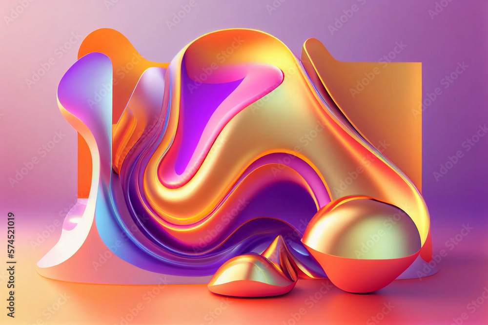Poster vibrant rainbow 3d fluid shapes on a minimal gradient pattern. neon wave abstract poster with a colo