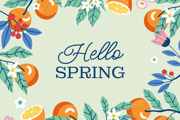 Happy Spring. Welcome spring background with floral blossom. Vector Illustration.
