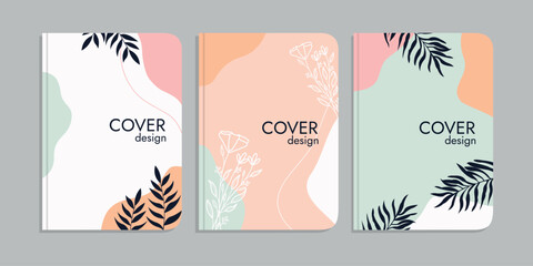 set of book cover designs with hand drawn floral decorations. beautiful botanical abstract background .size A4 For notebook, planner, brochure, book, catalog