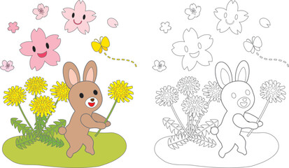 タンポポと桜とかわいいウサギの塗り絵
