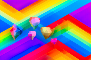 Colored geometric hearts, on a background of colorful lines, rainbow, color gradient, created with Generative AI technology