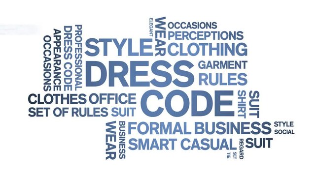 Dress Code animated tag word cloud;text design animation kinetic typography seamless loop.