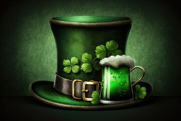 Saint Patricks day theme with a green top hat, green beer and shamrocks against a textured background.  Generative AI.