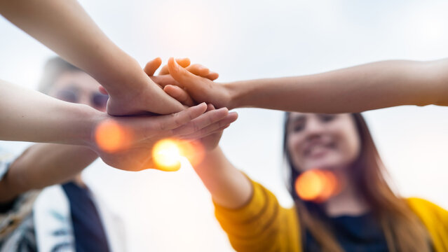 Panoramic Teamwork,empathy,partnership and Social connection in business join hand together concept.Hand of diverse people connecting.Power of volunteer charity work, Stack of people hand. 