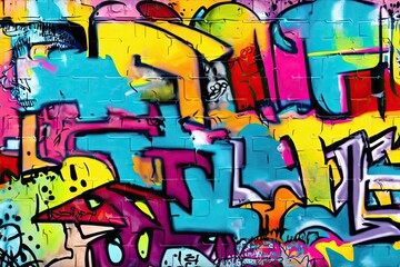 Vibrant colors come alive in this street art mural, expressing the artists creativity through a mix of text and graffiti. Full Frame, Generative AI