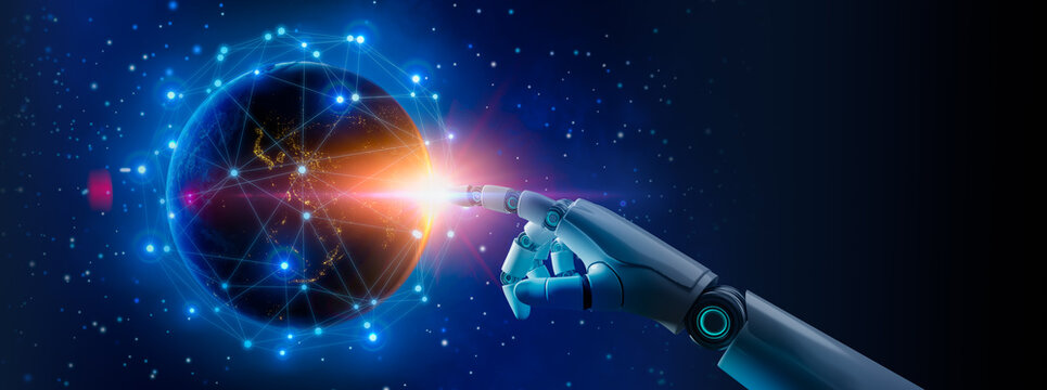 ai(artificial intelligence) destroy humanity concept.Robot hand pointing finger to earth.Elements of this image furnished by NASA.