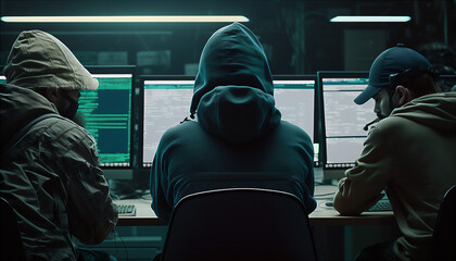 3 Hackers stealing data. Generative AI - obrazy, fototapety, plakaty