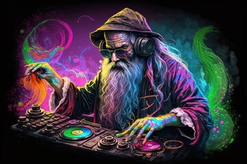 wizard dj colorful crazy music party rave, generative by A - obrazy, fototapety, plakaty