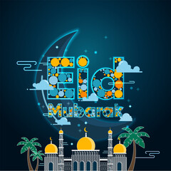Eid Mubarak Cartoon Illustration. Featuring a colourful tone inside the text.