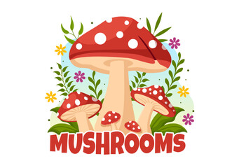 Mushrooms Illustration with Different Mushroom, Grass and Insects for Web Banner or Landing Page in Flat Cartoon Hand Drawn Templates