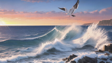 Obraz premium 海岸 波 スロー 夕日 日の出 情緒 港