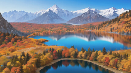 紅葉した木々と反射する湖畔　秋　もみじ　美しい風景
