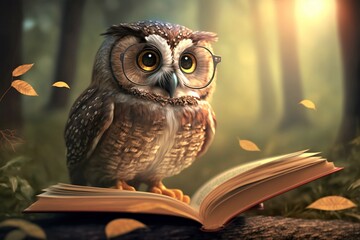 A cute cartoon owl perched on a blurred forest background, reading a book, surrounded by colorful wildlife and nature illustration. This playful and joyful character promotes learning and education