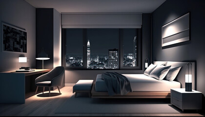 Hotel room with night city lights out of glass windows. Modern design apartment bedroom interior, generative AI 